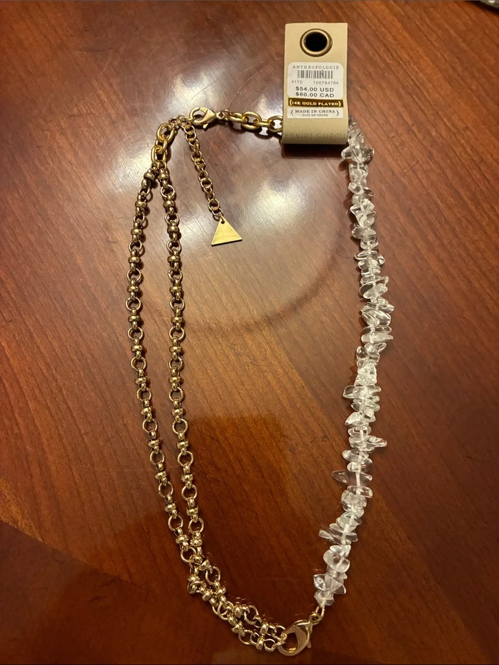 ANTHROPOLOGIE Clear Crystal Rock & Gold Chain Necklace. 14K  Gold Plated. NWT